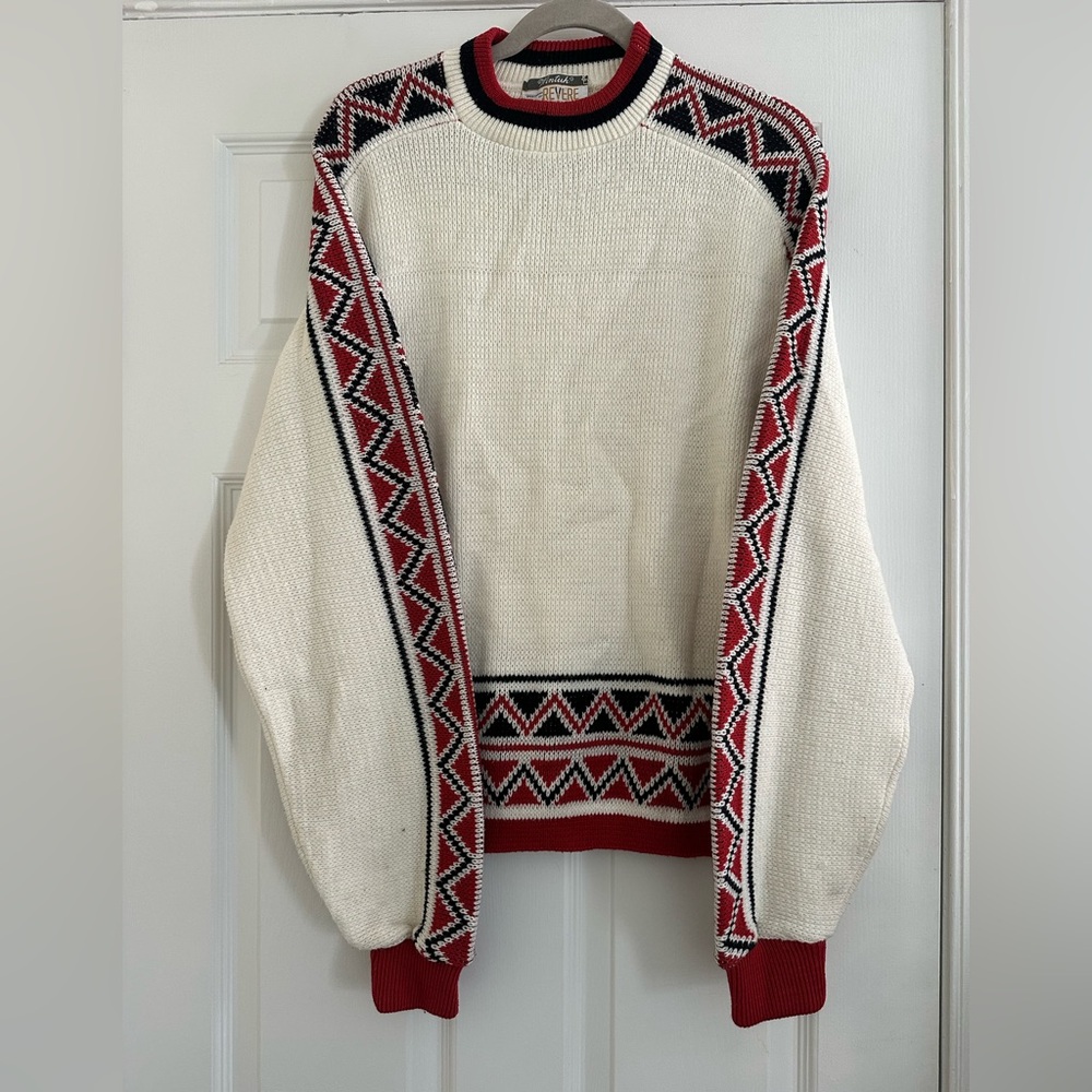 Vintage Oversized Funky Cream, Red and Black Geometric Crewneck Sweater